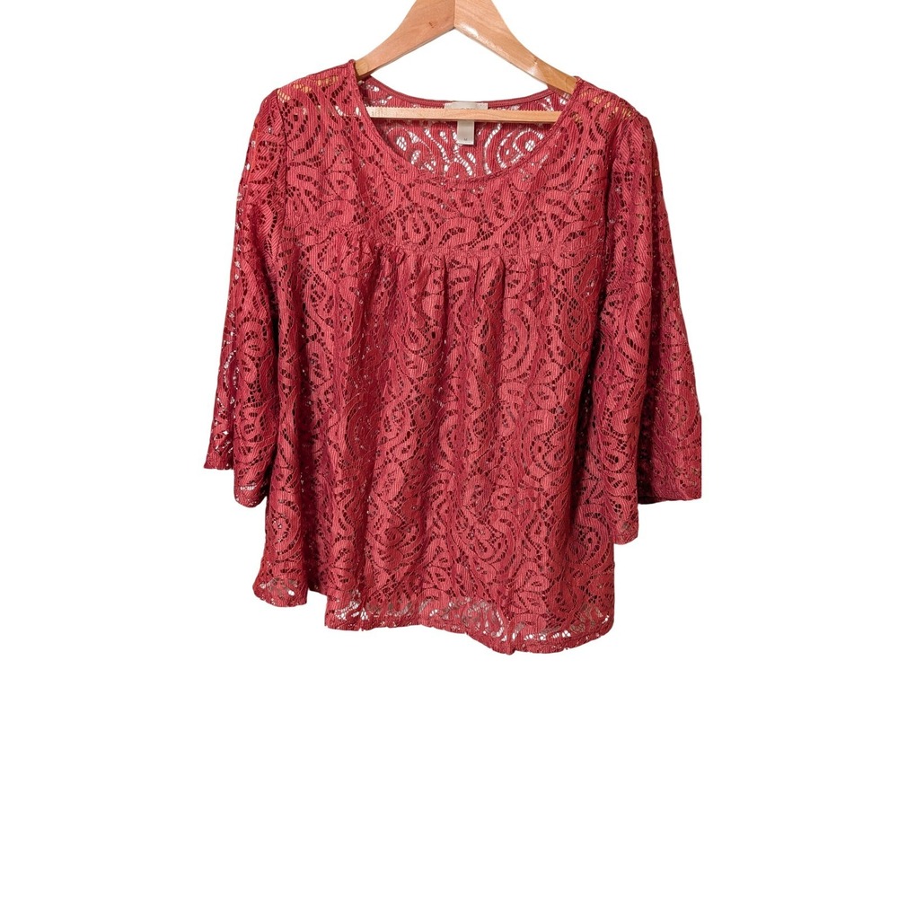 Loft Outlet Women Red Floral Lace Babydoll Blouse 3/4 Bell Sleeve Size M